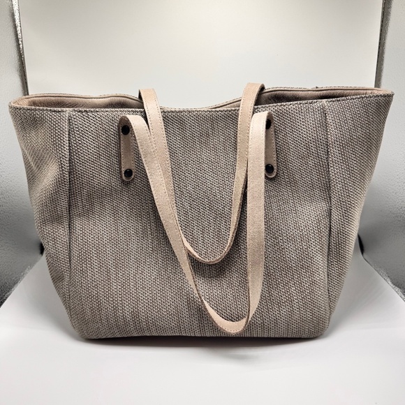 SAS Faye DLX Tote Woven Handbag #0262 Toffee Stone Taupe Leather Trim Bottom USA - Picture 1 of 10